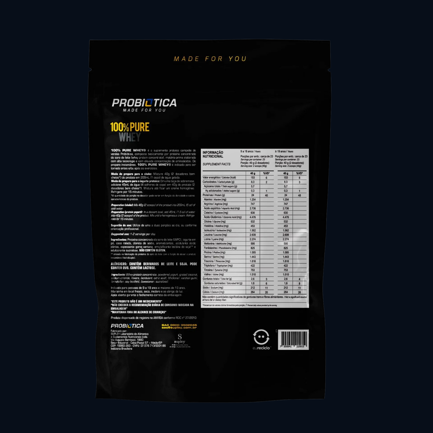 100% PURE WHEY 900g - REFIL - PROBIÓTICA