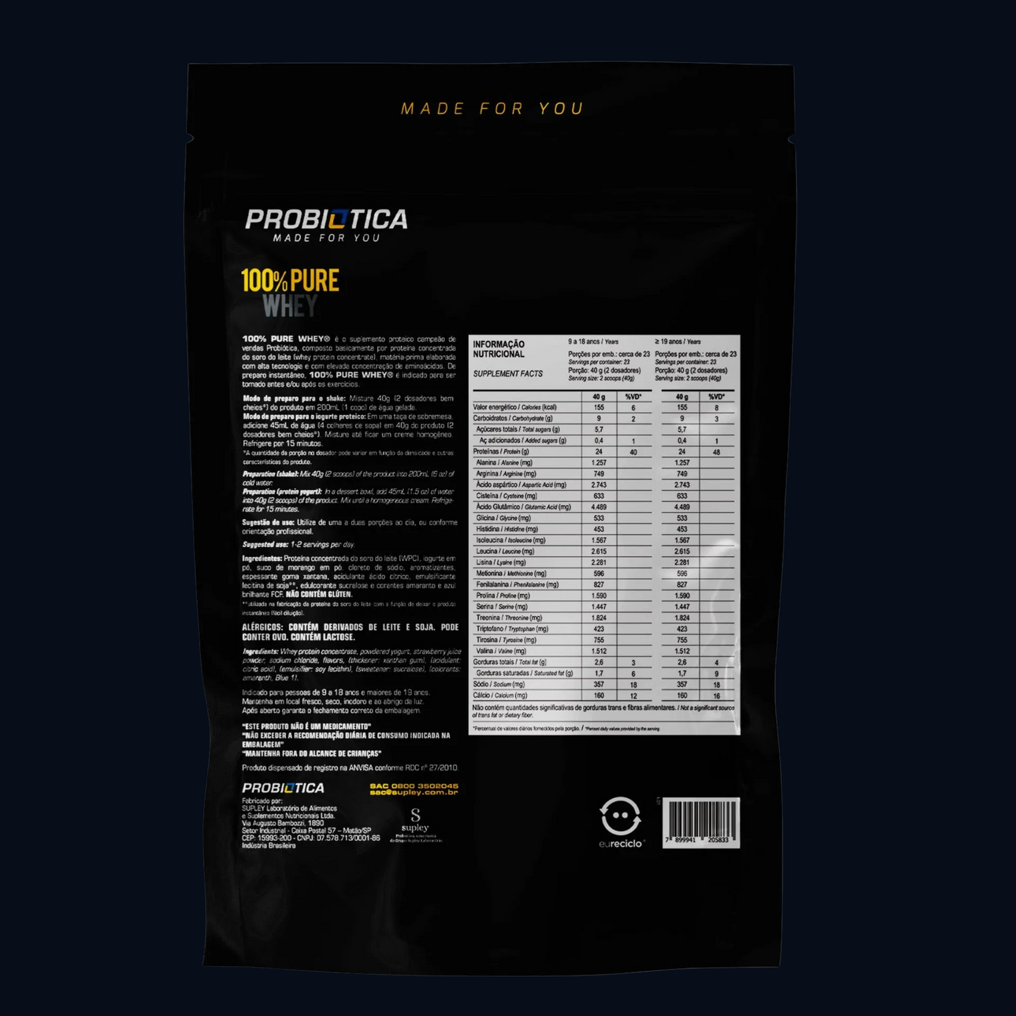 100% PURE WHEY 900g - REFIL - PROBIÓTICA